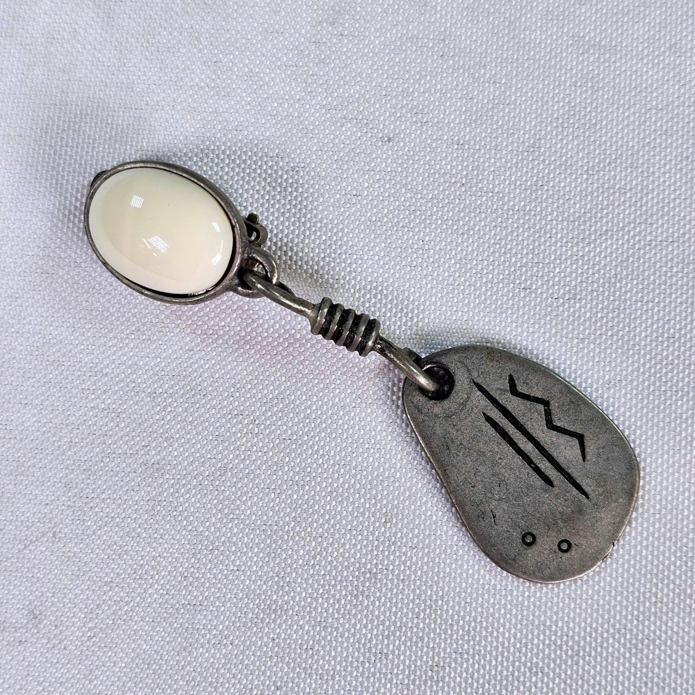 Ben-Amun Vintage Southwestern Dangle Clip On Earring Pewter Tone Cream Cabochon